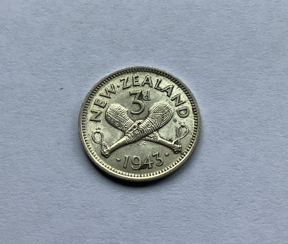 1943 New Zealand threepence coin .500 silver